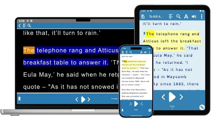 Book with dyslexia friendly colours on a laptop, tablet and smartphone